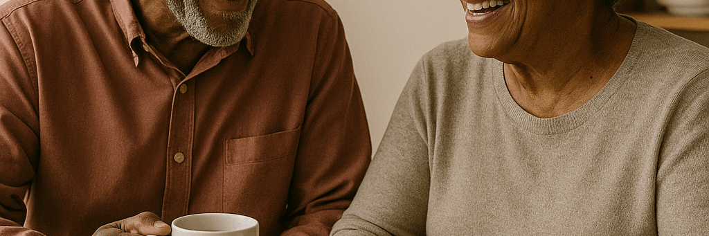A senior couple drinking coffee at their kitchen table