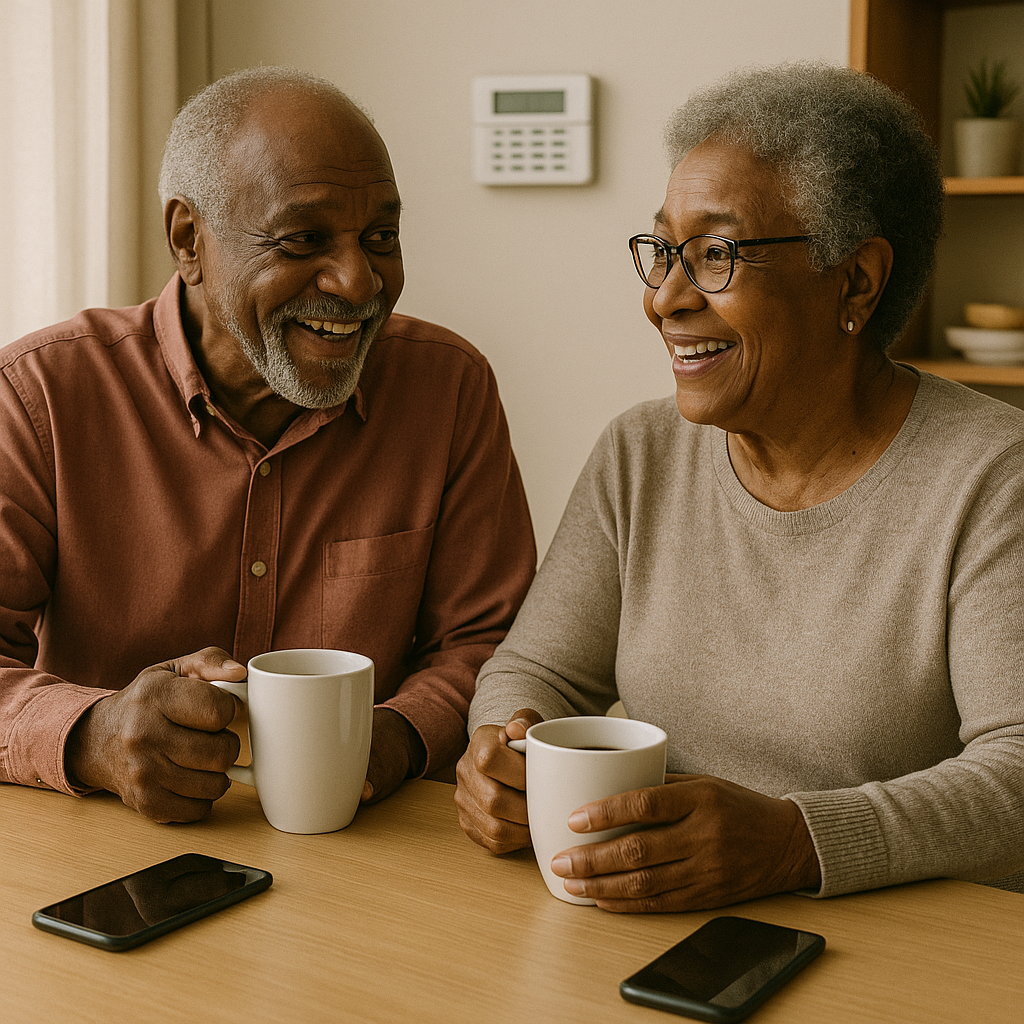 A senior couple drinking coffee at their kitchen table