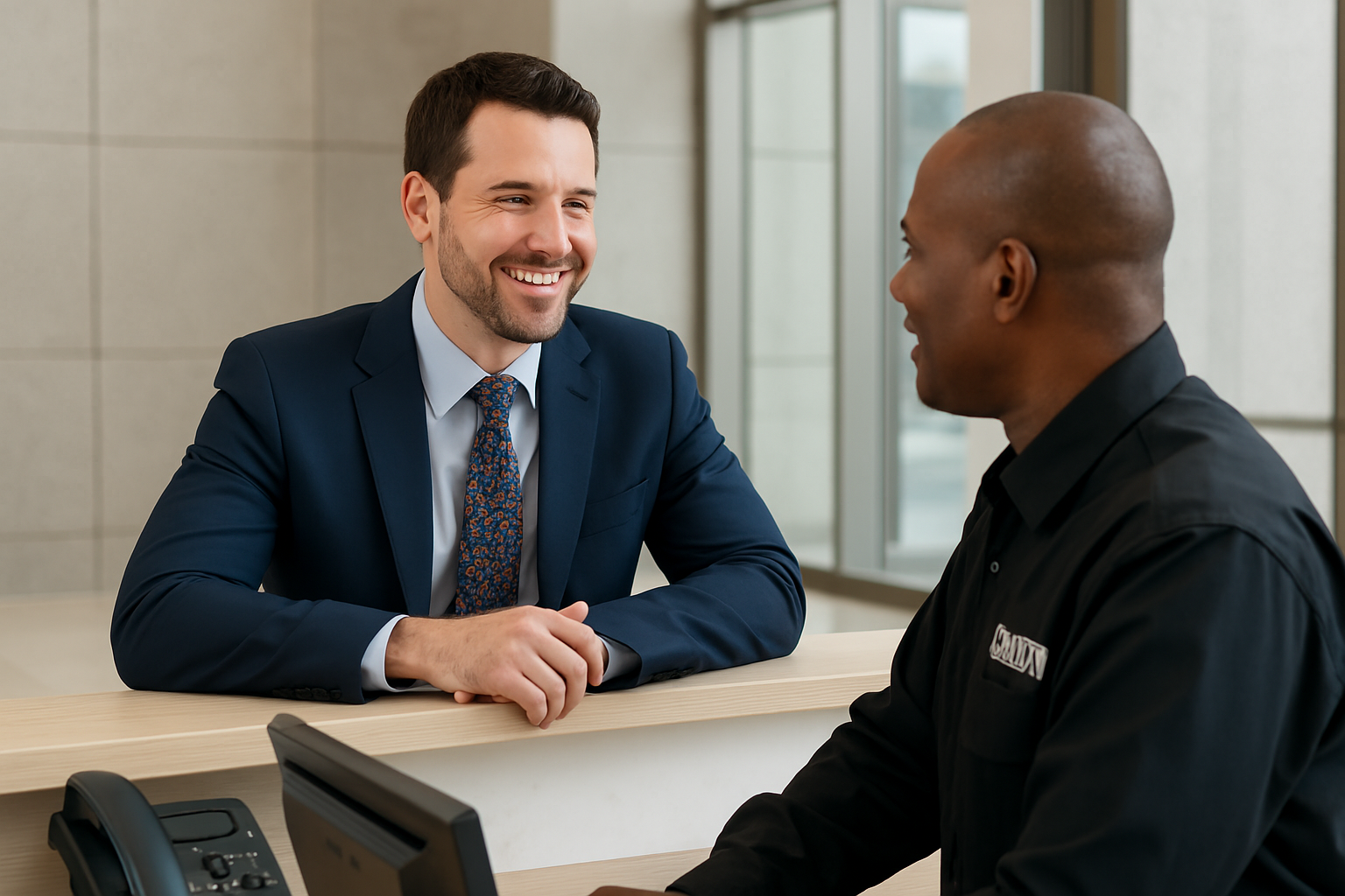 A man is checking in at the guard desk of a building