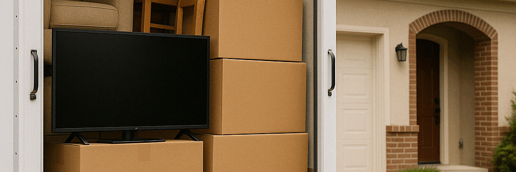 An open moving truck with boxes and furniture