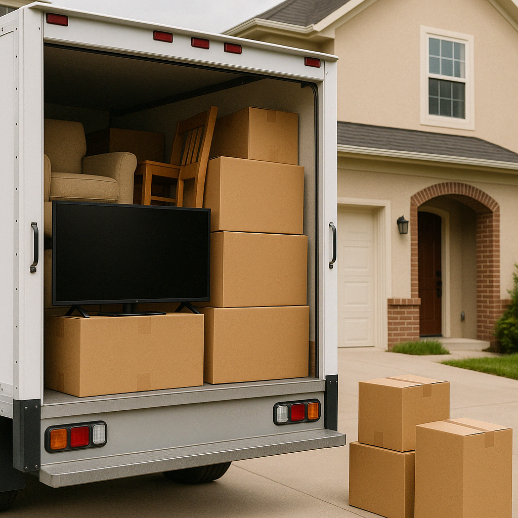 An open moving truck with boxes and furniture