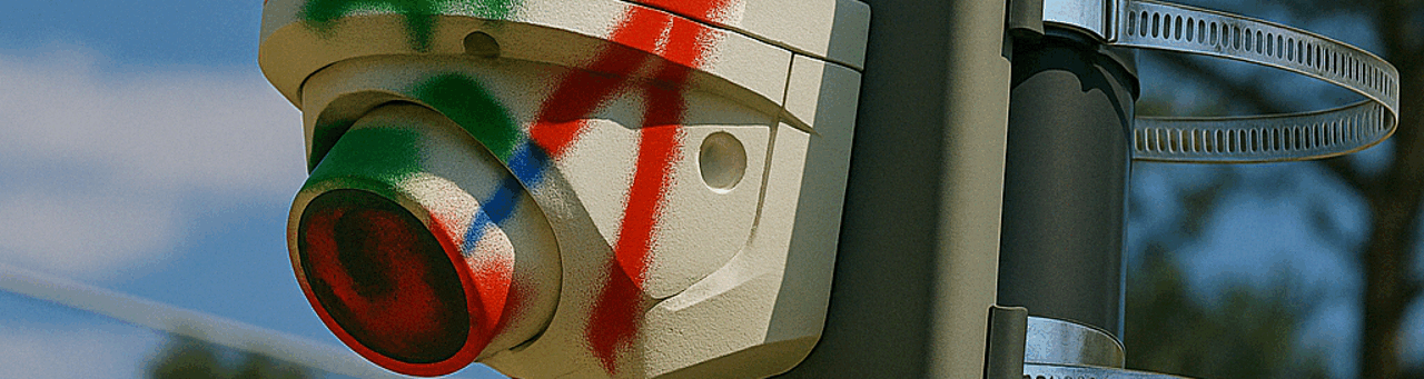 A surveillance camera with graffiti on it
