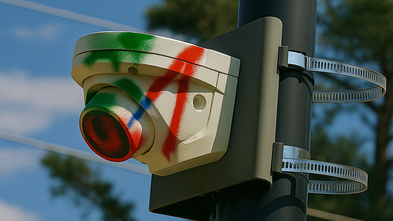 A surveillance camera with graffiti on it