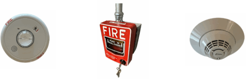 A strobe, pull station and smoke detector