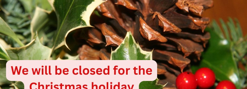 A pine cone and holly berries with holiday huors notice